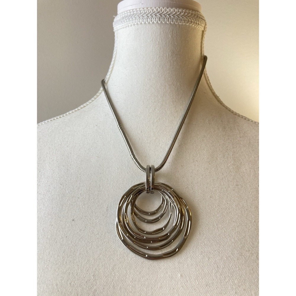 Silver Tone Layered Circle‎ Pendant Necklace Brutalist Snake Chain Statement